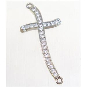 copper cross connector paved zircon, platinum plated, approx 16x31mm