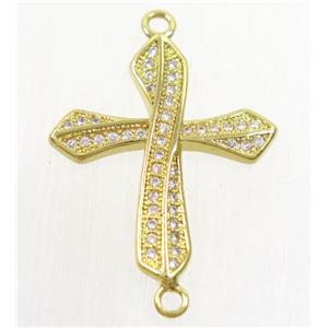 copper cross connector paved zircon, gold plated, approx 20x23mm