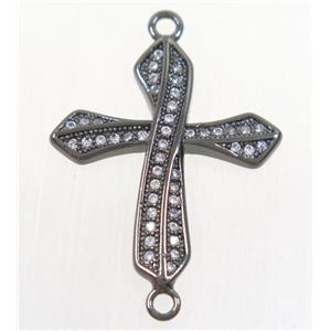 copper cross connector paved zircon, black plated, approx 20x23mm