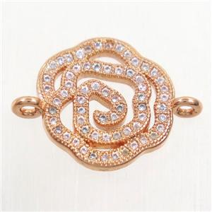 copper connector paved zircon, roseflower, rose gold, approx 15mm dia