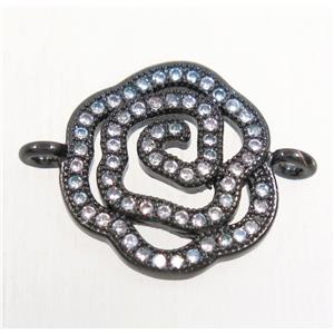 copper connector paved zircon, roseflower, black plated, approx 15mm dia