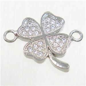 copper four-leaf clover connector paved zircon, platinum plated, approx 11.5mm dia