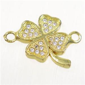 copper four-leaf clover connector paved zircon, gold plated, approx 11.5mm dia