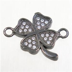 copper four-leaf clover connector paved zircon, black plated, approx 11.5mm dia