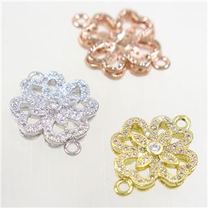 copper four-leaf clover connector paved zircon, mix color, approx 15mm dia