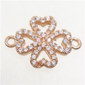 copper four-leaf clover connector paved zircon, rose gold, approx 12.5mm dia