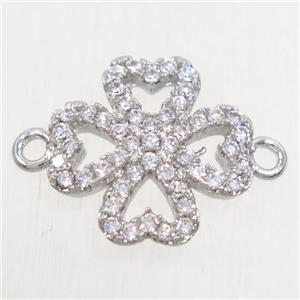 copper four-leaf clover connector paved zircon, platinum plated, approx 12.5mm dia