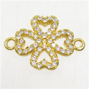 copper four-leaf clover connector paved zircon, gold plated, approx 12.5mm dia