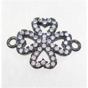 copper four-leaf clover connector paved zircon, black plated, approx 12.5mm dia