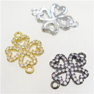 copper four-leaf clover connector paved zircon, mix color, approx 12.5mm dia