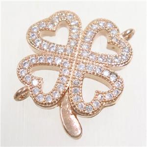 copper four-leaf clover connector paved zircon, rose gold, approx 17mm dia