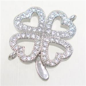 copper four-leaf clover connector paved zircon, platinum plated, approx 17mm dia