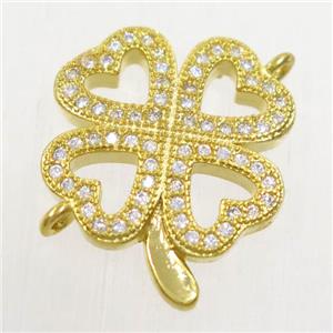 copper four-leaf clover connector paved zircon, gold plated, approx 17mm dia