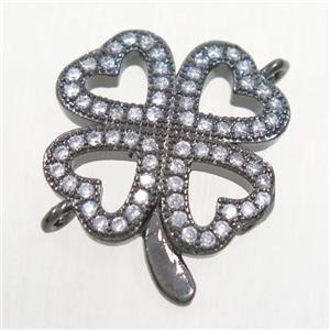 copper four-leaf clover connector paved zircon, black plated, approx 17mm dia