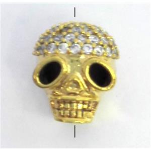 copper spacer bead paved zircon, skull, gold plated, approx 10-12mm