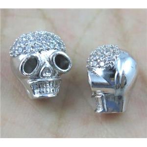 copper spacer bead paved zircon, skull, platinum plated, approx 10-12mm