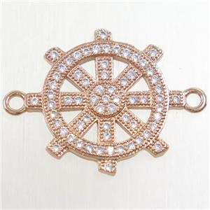 copper ship helm connector paved zircon, rose gold, approx 19mm dia