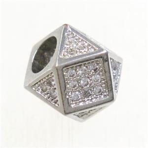 copper beads paved zircon, cube, platinum plated, approx 8mm, 4mm hole