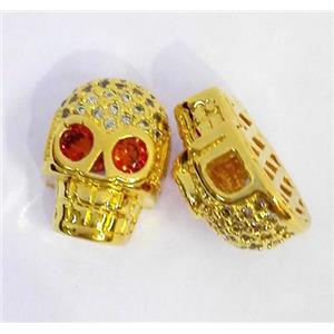 copper spacer bead paved zircon, skull, gold plated, approx 10-14mm