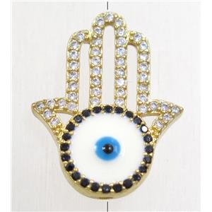 copper hamsahand beads paved zircon with evil eye, gold plated, approx 16-20mm
