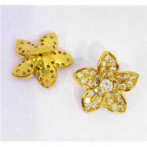 copper spacer bead paved zircon, flower, gold plated, approx 14mm dia