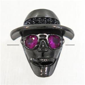 copper Skull beads paved zircon, black plated, approx 14-15.5mm