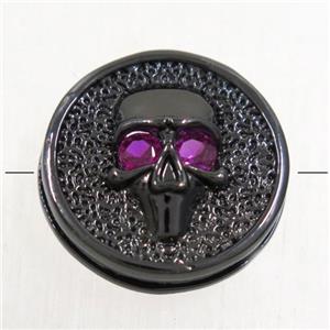 copper Skull beads paved zircon, black plated, approx 14mm dia
