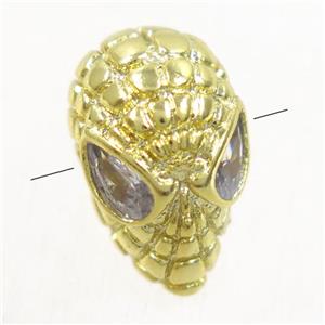 copper skull beads paved zircon, gold plated, approx 8.5-13.5mm