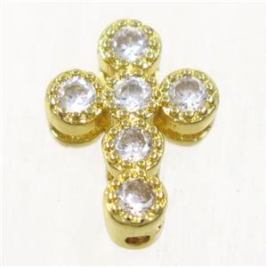 copper cross beads paved zircon, gold plated, approx 8.5-11.5mm