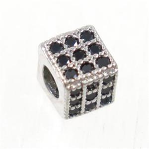 European style copper cube beads paved zircon, platinum plated, approx 4.5x4.5mm