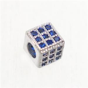 copper cube beads paved zircon, platinum plated, approx 6x6mm
