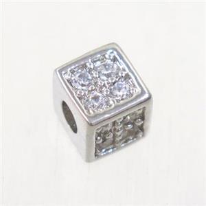 copper cube beads paved zircon, platinum plated, approx 5.5x5.5mm