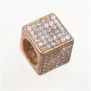 European style copper cube beads paved zircon, rose gold, approx 9.5x9.5mm, 7mm hole