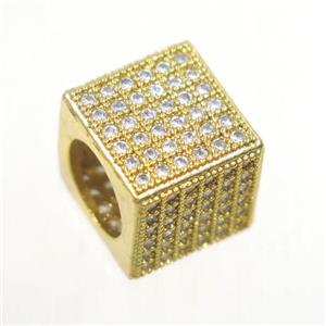 European style copper cube beads paved zircon, gold plated, approx 9.5x9.5mm, 7mm hole