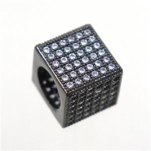 European style copper cube beads paved zircon, black plated, approx 9.5x9.5mm, 7mm hole