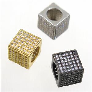 European style copper cube beads paved zircon, mix color, approx 9.5x9.5mm, 7mm hole