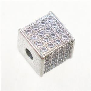 copper cube beads paved zircon, platinum plated, approx 8.5x8.5mm