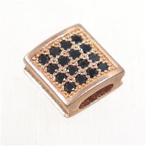 copper square bead paved zircon, rose gold, approx 9x9mm, 2x5mm hole
