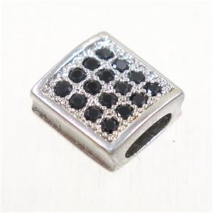 copper square bead paved zircon, platinum plated, approx 9x9mm, 2x5mm hole