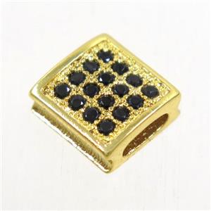copper square bead paved zircon, gold plated, approx 9x9mm, 2x5mm hole