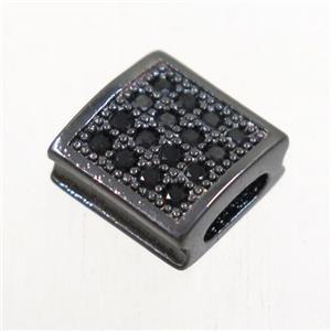 copper square bead paved zircon, black plated, approx 9x9mm, 2x5mm hole