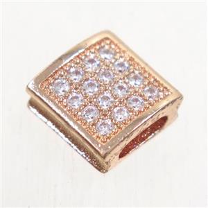 copper square bead paved zircon, rose gold, approx 9x9mm, 2x5mm hole
