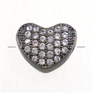 copper heart beads paved zircon, black plated, approx 7.5x9mm