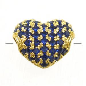 European style copper heart beads paved blue zircon, gold plated, approx 9x10.5mm