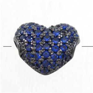 European style copper heart beads paved blue zircon, black plated, approx 9x10.5mm