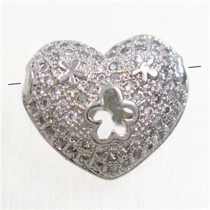 copper heart beads paved zircon, platinum plated, approx 11.5x13.5mm