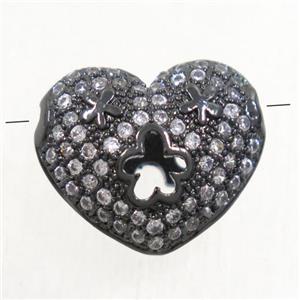 copper heart beads paved zircon, black plated, approx 11.5x13.5mm