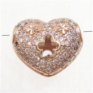 copper heart beads paved zircon, rose gold, approx 11.5x13.5mm