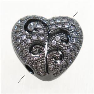 copper heart beads paved zircon, black plated, approx 13x14mm