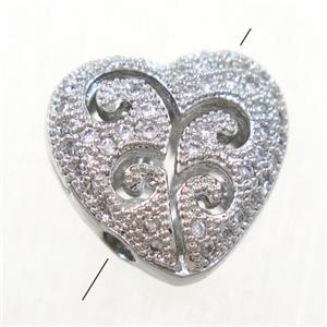 copper heart beads paved zircon, platinum plated, approx 13x14mm